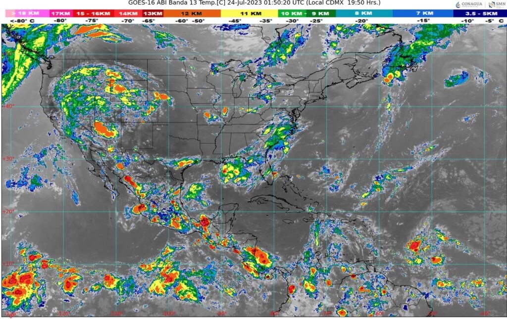 Ondas tropicales 15 y 16, monzón, canales de baja presión y una circulación anticiclónica seguirán con tormentas