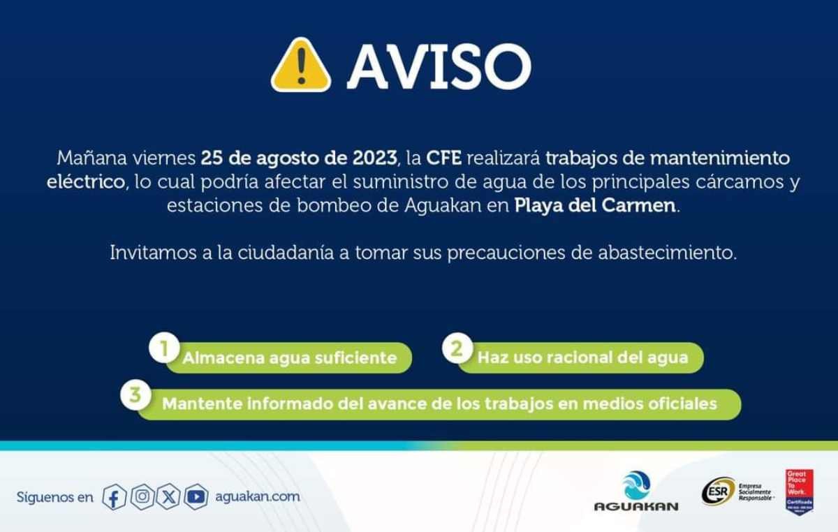 Medidas Preventivas Ante Potenciales Interrupciones del Suministro de Agua en Playa del Carmen debido a Mantenimiento Eléctrico de la CFE