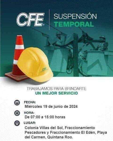 Anuncian suspensión parcial de energía eléctrica en Solidaridad